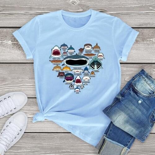 100 cotton t shirt women heart love shark faces kawaii printed short-sleeve tee tops fashion t-shirt cute girls clothing summer
