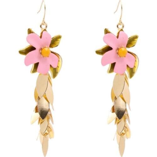 2020 New Fashion Jewelry Elegant Red White Pink Flower Earrings Summer Style Leaves Tassel Statement Drop Earring for Woman