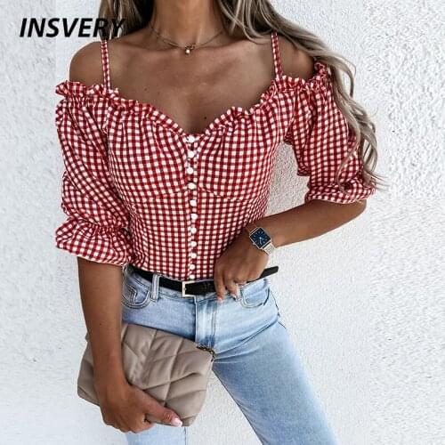 Sexy Blouse Women Off Shoulder Plaid Print Button Blouse Shirt Women Elegant Spring Summer Tops Office Ladies Streetwear