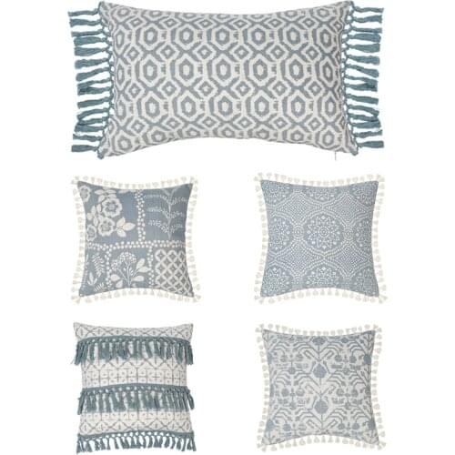 Boho Accent Soft Fringe Throw Pillow Case with Tassels Retro Geometric Floral Printed Decorative Square Cushion Cover