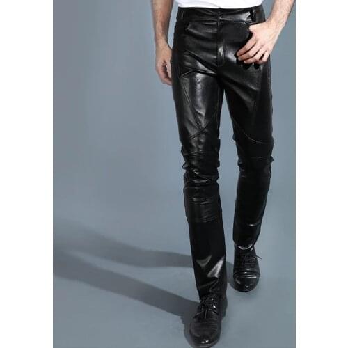 Men Genuine Leather Pants Autumn Winter Fashionable Slim Leather Trousers The First Layer Cowhide Fleece Leather Pants Youthful