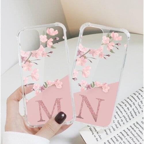 Beautiful Cherry Flowers Initial Letter Case For Samsung Galaxy S21 S20 Ultra FE S10E S9 S8 S10 Plus Hard PC Airbag Clear Coques
