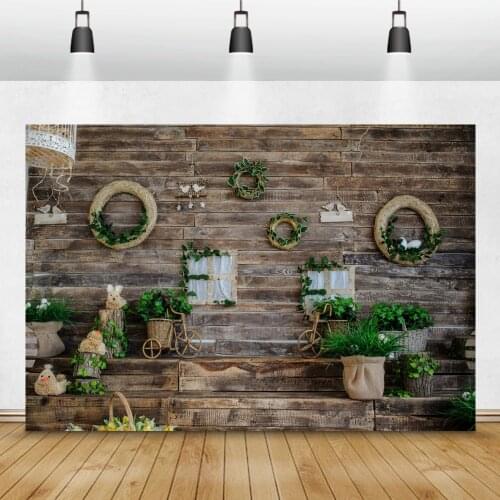 Laeacco Easter Eggs Rabbit Chick Backdrops For Photography Wreath Wooden Wall Party Baby Portrait Photo Backgrounds Photo Studio