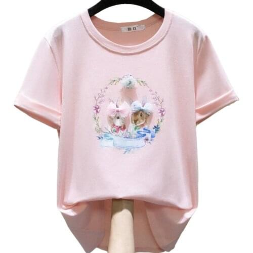 ZuoLunOuBa Cotton Summer Casual Women T Shirt Printed Harajuku Flower Girl Tees Sequined Bow Couple Bunny Pink Tops Female