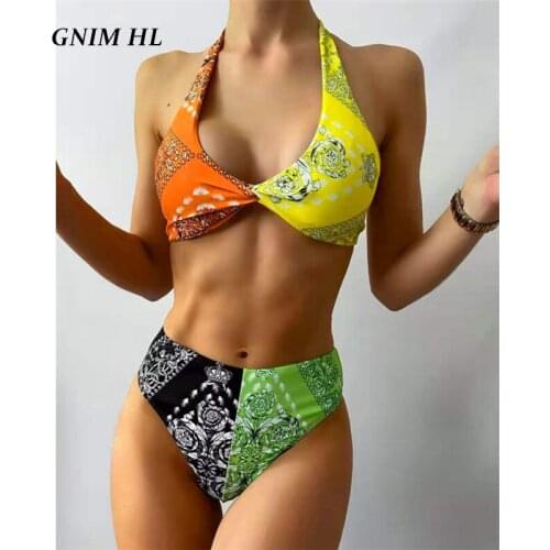 GNIM Sexy Patchwork Print Swimwear Women Bikini Set 2021 High Waist Bandage Brazilian Swimsuit Female 2 Pieces Backless Biquinis