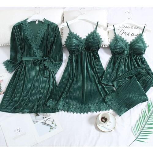 Kimono Robe Set Intimate Lingerie Green Pajamas Suit Velour Autumn New Sleep Set Homewear Velvet Nightwear Bathrobe Gown