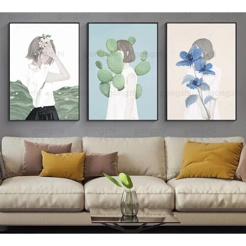 Cartoon Art Canvas Painting Refreshing Plant Short Hair Girl Children Room Bookstore Cafe Wall Art Decoration Printing Hd Poster