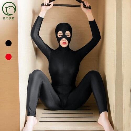 Plus Size Women Masked Full Coat Zentai Tights Cosplay Bodystocking Sexy Hot Erotic Zipper Open Crotch Bodysuit Porno Lingerie