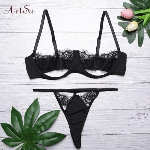 ArtSu Steel Ring Lace Lingerie Set Two Pieces Sexy Bra And Panty Set Sleeveless Backless Briefs Set Intimates Push up ASSU60434
