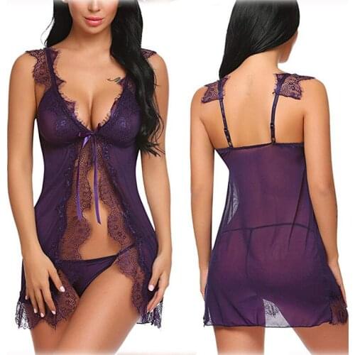 Lace Transparent Women Sexy Lingerie Underwear Panties Set Chemish Two Piece Pajama Sets Sling Nightdress Suit for Hot Female