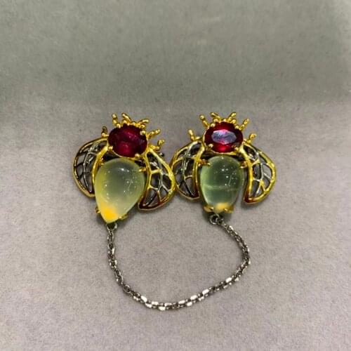 Natural semi-precious stone prehnite bee pendant & brooch double use green color 925 sterling silver small insect pendant fine