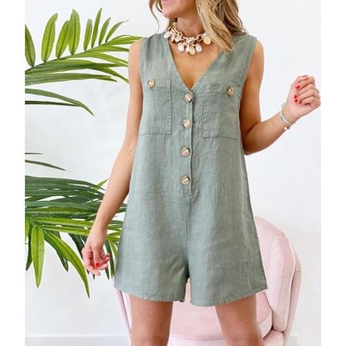 Summer Vest Jumpsuit Shorts Solid Color V Neck Women Sleeveless Buttons Pockets Romper Overalls 2021 Women Office Summer Party