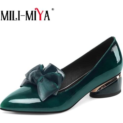 MILI-MIYA Fashion Women Pumps Patent Leather Butterfly-Knot Pointed Toe Comfortable Round Heels Dress Casual Shoes Big Size 42