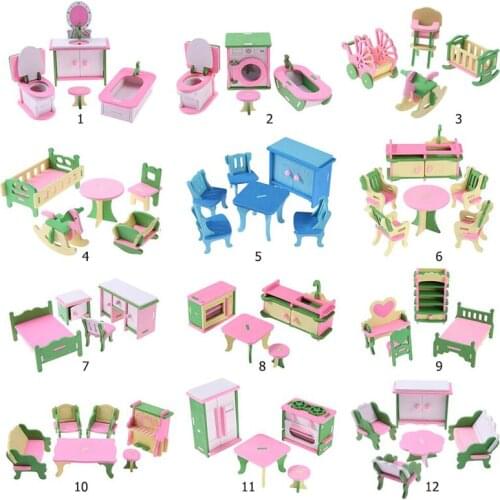 Miniature Furniture Doll House Wooden DIY Bathroom Dollhouse Furniture Living Room Kitchen House Doll House Toys For Girls Gifts