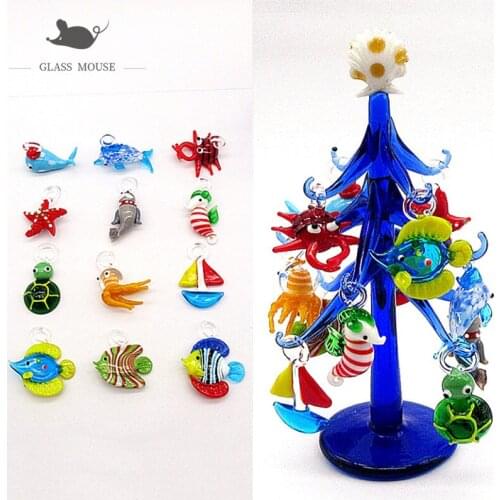 Handmade Murano glass Blue tree statue aquarium charms decorative with miniature glass Marine fish Figurines pendant accessories