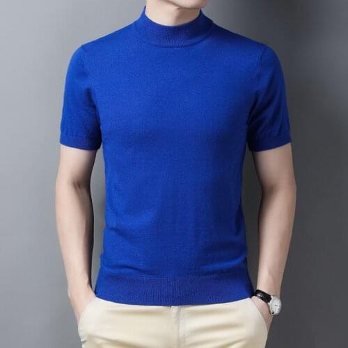 Mens Wool Sweater Tee Short Sleeve Solid Color Half High Collar Sweater Tops Pullover T Shirt Male Casual Slim Knitted Tees