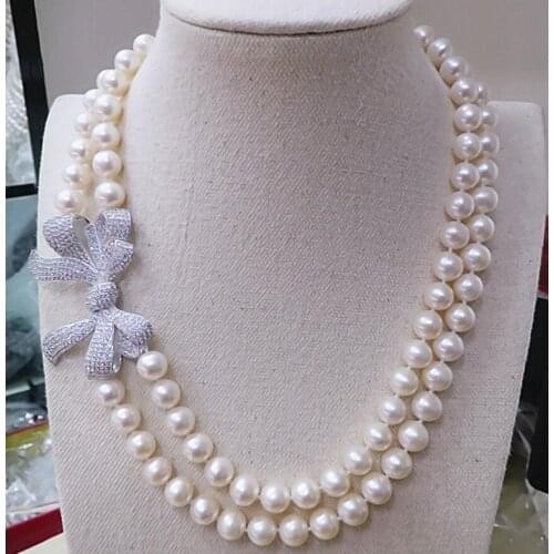 Genuine 8-9MM natural pearl necklace double Necklace light pearl Bowknot flower 925 Silver clasp