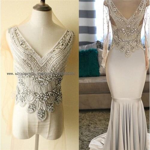 One Set Unique Heavy Beaded Sew on Rhinestone Crystal Bodice Decorative Patches Appliques For Bridal Wedding Prom Evening Dress