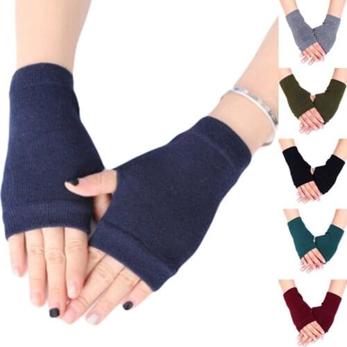 Women Men Combed Cotton Knitted Fingerless Gloves Solid Color Stretchy Thumb Hole Wrist Length Driving Mittens Student Hand