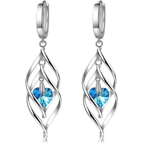 Heart Blue Crystal Topaz Zircon Diamonds Gemstones Drop Earrings for Women White Gold Filled Jewelry Korean Trendy Accessoriies