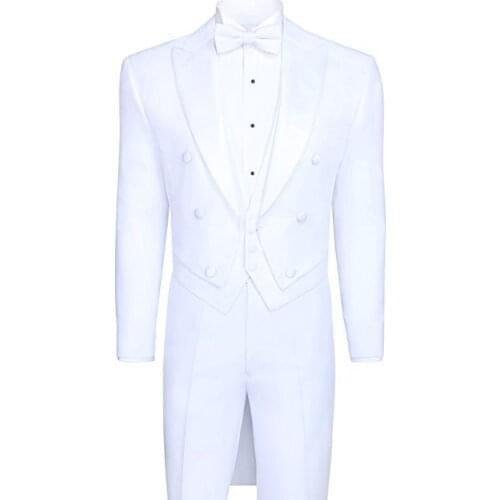 Newset Groomsmen White Tailcoat Style Groom Tuxedos Peak Satin Lapel Men Suits Wedding Best Man ( Jacket+Pants+Vest+Tie ) C235