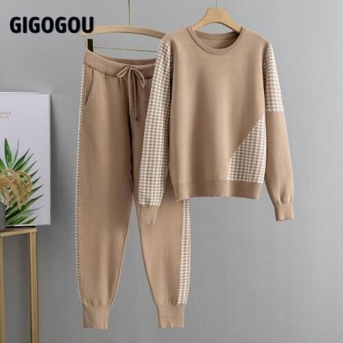 GIGOGOU Houndstooth Knit 2 Piece Set Tracksuits Fall Winter Women Pullover Sweater + Carrot Harem Pants Sporting Suit Female