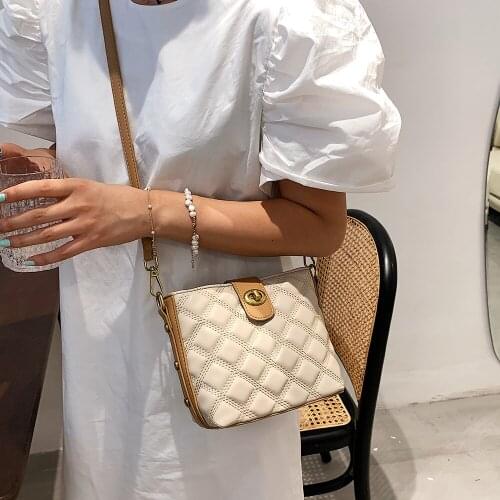 Plaid Crossbody Bag Square Korean Fashion Bucket Artificial Leather Commuter Flaps Women‘s Shoulder Bags Female Pockets Black