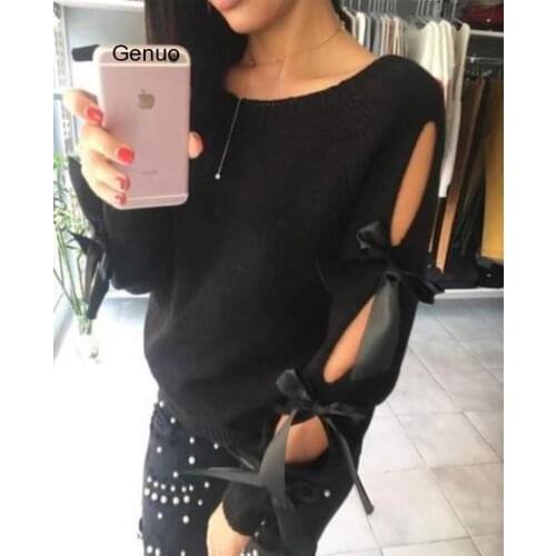 Bow Hollow Out Sweaters Warm Winter Knitted Sweater Women Knitting Bow Knot Loose O Neck Pullover Female Blouse Knitwear