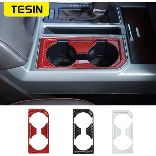 TESIN ABS Car Inner Front Water Cup Holder Panel Decoration Cover Trim Stickers For Ford F150 2015 Up Car Interior Accessories