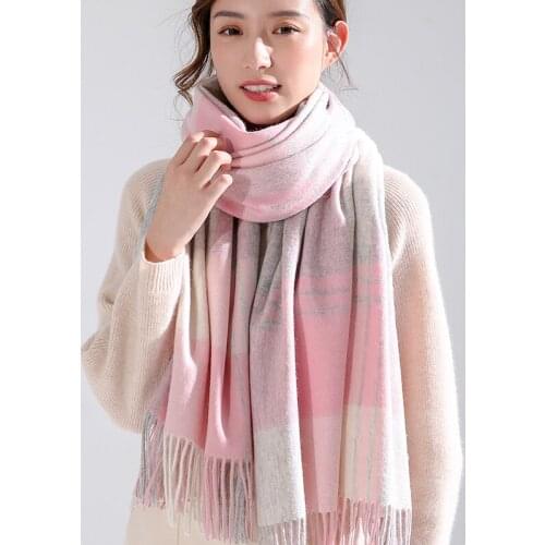 Thicken 100% Wool Scarf Women Warm Shawls and Wraps Pink Plaid Echarpe Pashmina for Ladies Winter Cashmere Scarves Foulard Femme