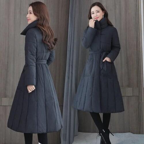 Vintage Winter Women Long Coat Solid Color Belt Slim Waist A-Line Padded Parka Jacket Thick Warm Office Lady Elegant Overcoat