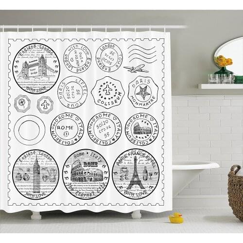 Travel Shower Curtain Stamps from All Over The World Historical Landmarks Tourist Attraction European Waterproof Bath Curtains