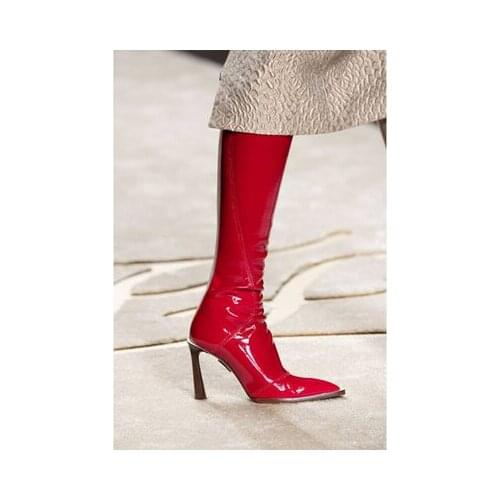 Vinapobo Patent Leather Knee high boots for women pointed toe zipper winter Runway party shoes strange high heels long boots