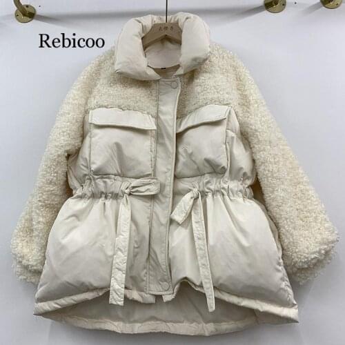 Winter New Style white Jacket Womens Korean-style Loose-Fit Lace-up Waist Network Red Coat rebicoo