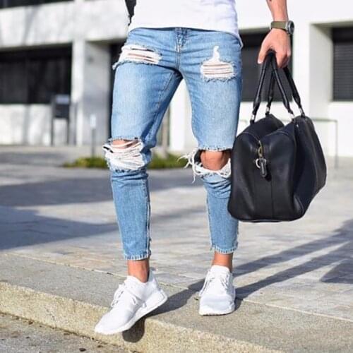 2021 Fashion Streetwear Mens Jeans Stretch Destroyed Ripped Design Fashion Pencil Pants Ankle Zipper Skinny Jeans For Men