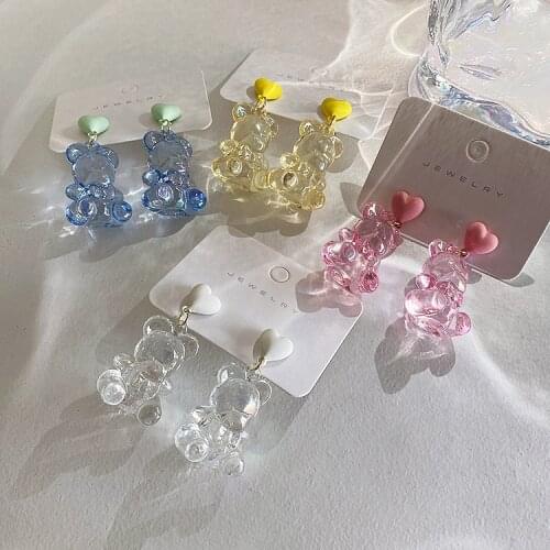 2021 Lovely Transparent Crystal Bear Earrings Korean Style Cute Spring Summer Cute Dolls Drop Earrings For Women Gifts