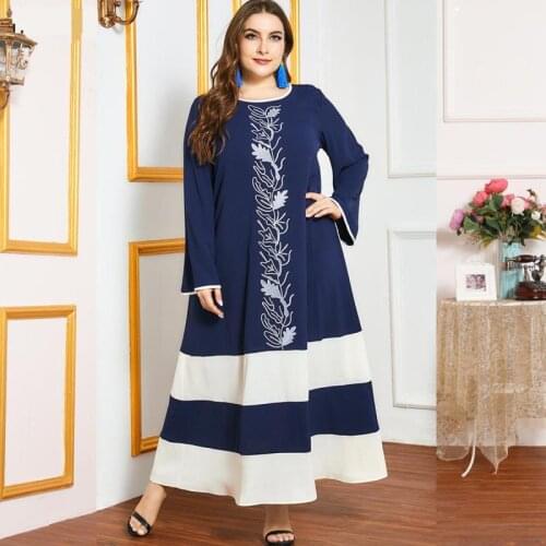 2021 Heavy Industry Skirt Womens Temperament Blue And White Hit Color Long-sleeved Casual Long Skirt Muslim Womens Clothing
