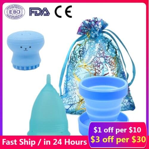 5pcs Medical Silicone Menstrual Cup Foldable Silicone Cup for Menstrual Cup Clean Sterilizer Lady Menstrual collector&Face Brush