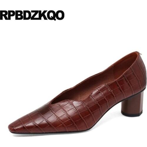 Block genuine leather new size 33 black work shoes women brown chunky square toe medium heels plaid designer ladies high pumps