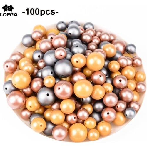 LOFCA Wholesale Metallic Silver Print 100pcs Round Beads 12mm/15mm/19mm Silicone Beads BPA Free Baby Teether Nursing Chewing