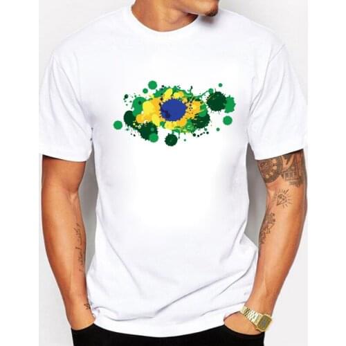 BLWHSA Brazilian Flag Ink Traces Printed Mens T Shirt Hip Hop Cotton Short Sleeve O-neck Confortable T-shirt for Men