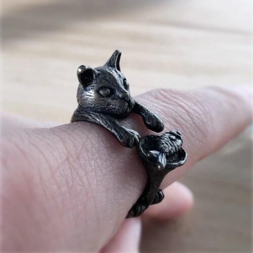 G.SKY A7 Antique Silver Plated Open Adjustable Cat and Fish Ring Rirl Gifts