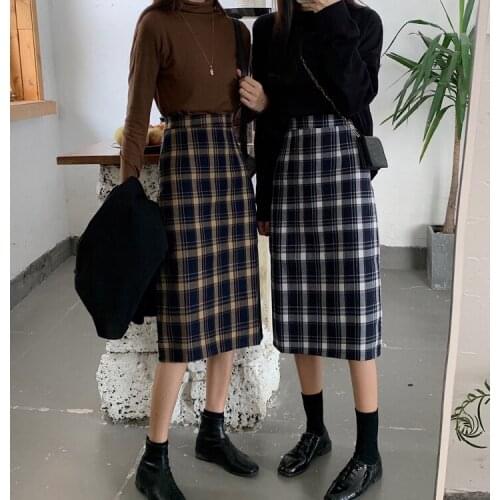 Plaid high waist mid-length skirt female 2021 all-match thin Hong Kong style net celebrity student skirt