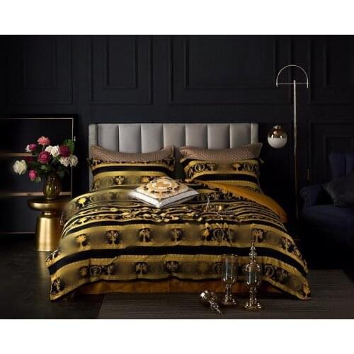 30IvaRose Luxury Bedding Set 4 Pieces Black gold bed Sheet set Duvet Cover set Pillowcase King Queen size