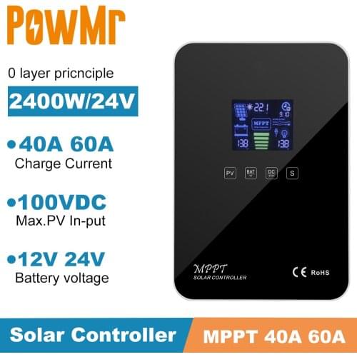 PowMr 40A 60A Solar Charge Controller Dual USB LCD Display 12V 24V Solar Cell Panel for Max PV Input Voc 100vdc Charge Regulator