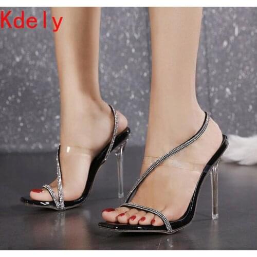 Summer Fashion Rhinestone Stiletto Womens Shoes Crystal Square Toe Hollow High-heeled Sandals Party Shoes 35-41
