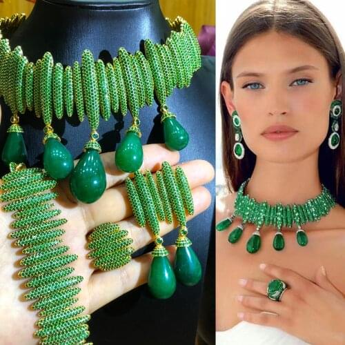 Missvikki Exclusive Princess Emeralds Luxury Big Green Drop Necklace Earring Bracelet Ring Party Jewelry Set for Women Lady