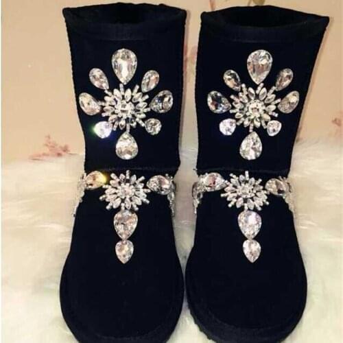 Handmade fashion rhinestone tube cowhide leather snow boots womens cotton shoes