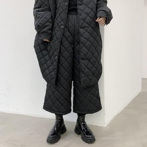 Men Winter Cotton Padded Thick Japan Straight Kimono Pant Male Street Fashion Hip Hop Wide Leg Trousers Diamond Harem Pant