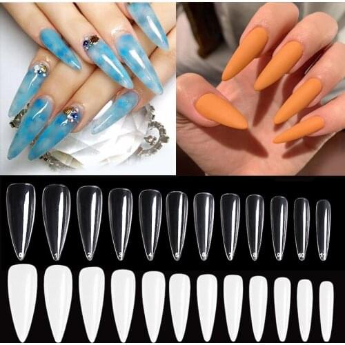 Nail Tips 100+500pcs/Bag New Long Almond 12 Sizes Fashion Paste Full Cover Sharp Stiletto Pointy Nails 2 Colors ABS False Nails